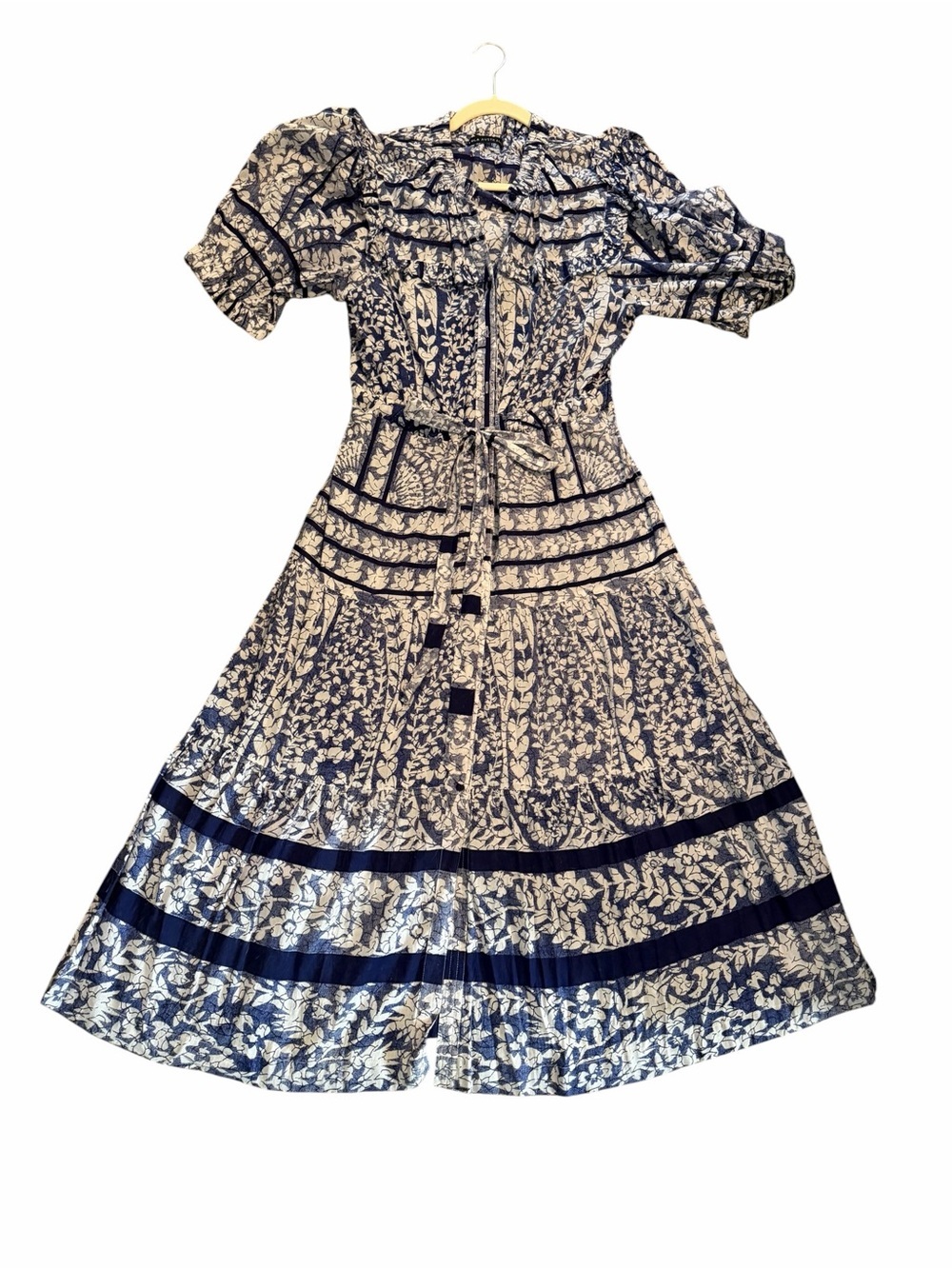 Lola Australia blue & ivory floral midi dress/ruffle trim belted